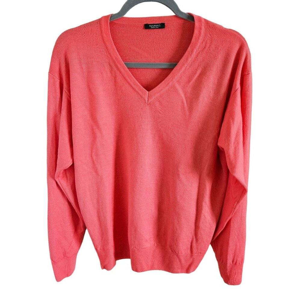 MARBAS Italy Mens Extra Fine Merino Wool V Neck Sweater Coral LT Weight Classic